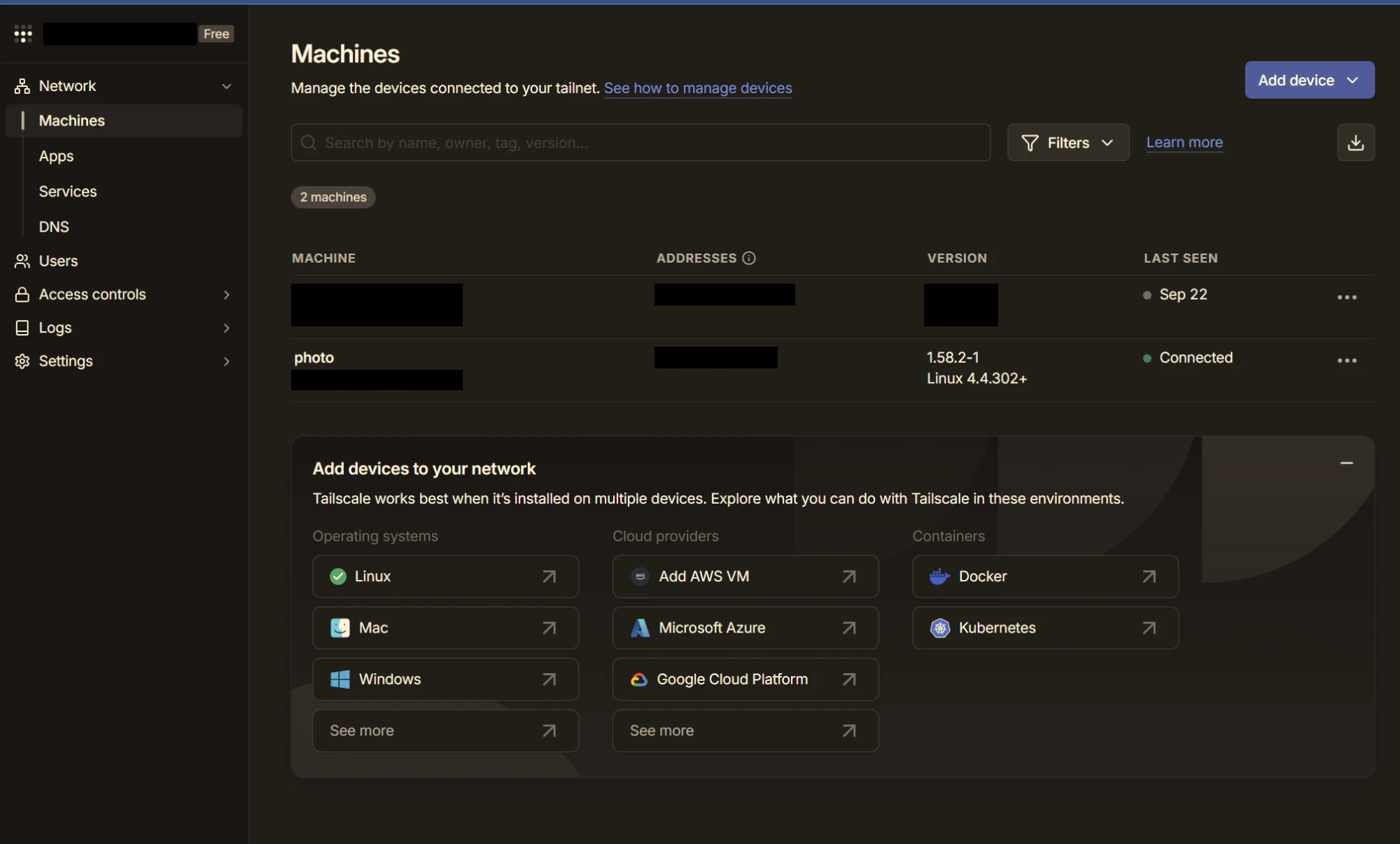 Tailscaleの管理画面のMachines。NASの名前を変えた